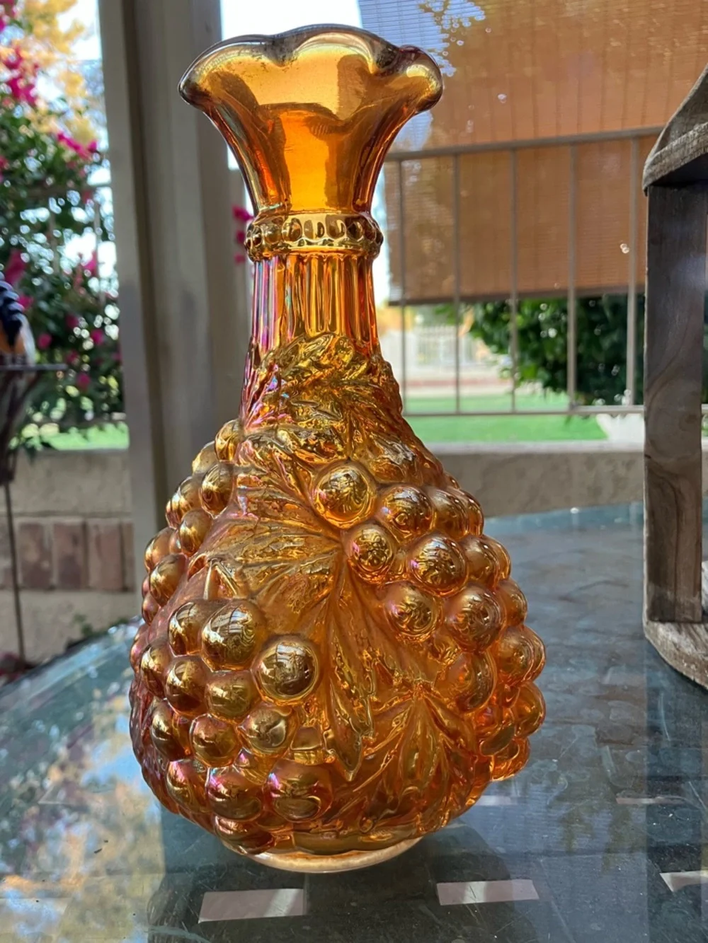 Vintage Imperial Grape Carnival Glass Vase Decanter Marigold
